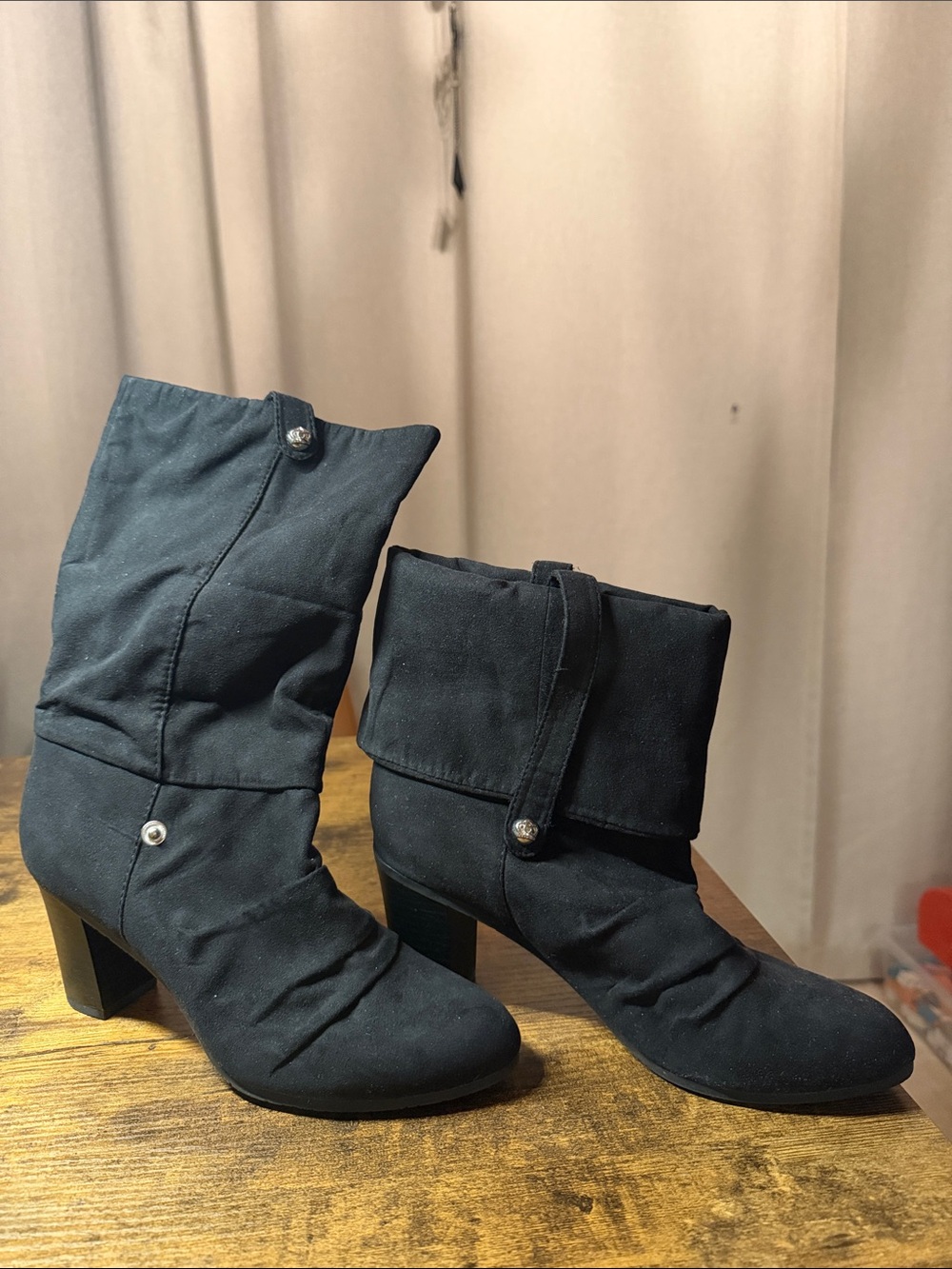 Kathy Van Zeeland Convertible Black Faux-Suede Fold-Over Ankle Boots